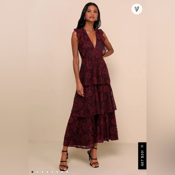 Lulu’s Molinetto Burgundy Lace Ruffled Tiered Sleeveless Maxi Dress sz. M - Picture 1 of 6
